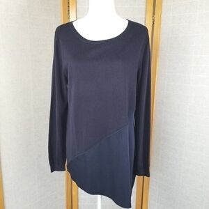Navy Blue Silk Blend Tunic Sweater Mixed Media Size Large Long Sleeves